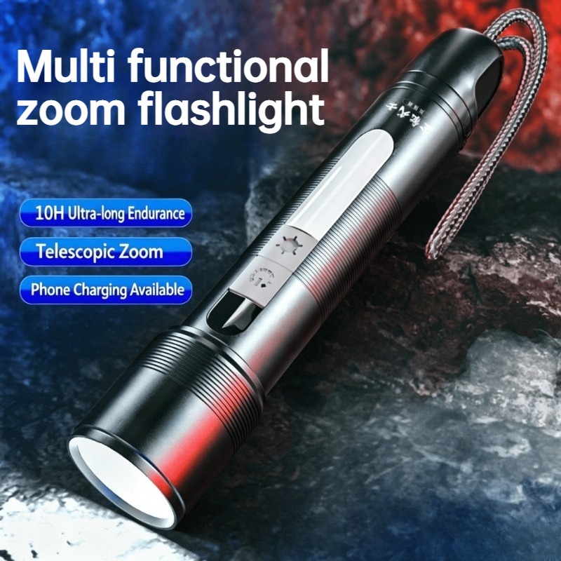 Outdoor Lighting Portable - Multifunktionale LED-Taschenlampe, zoombar, COB-Seitenlicht, wiederaufladbare Powerbank,